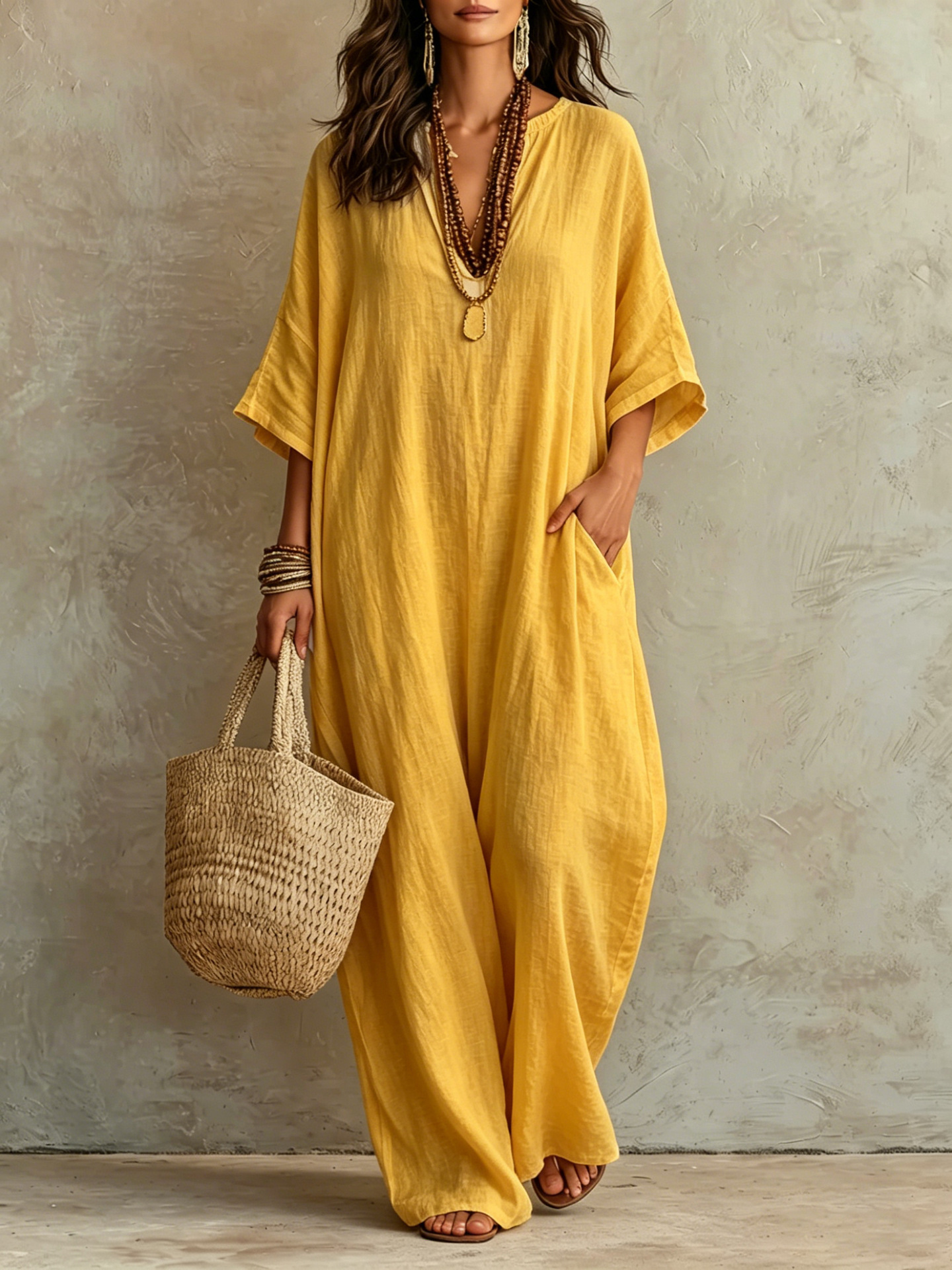 Cotton Linen Loose V-Neck Boho Maxi Dress 3/4 Sleeve