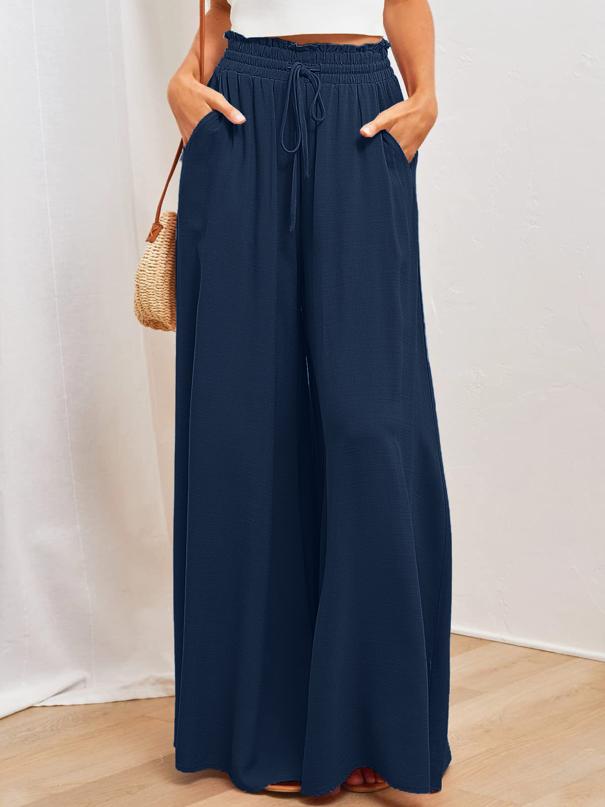 Women's High-Waist Wide-Leg Pants with Elastic Waist