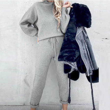High Neck Fleece Pullover Sweatsuit Set