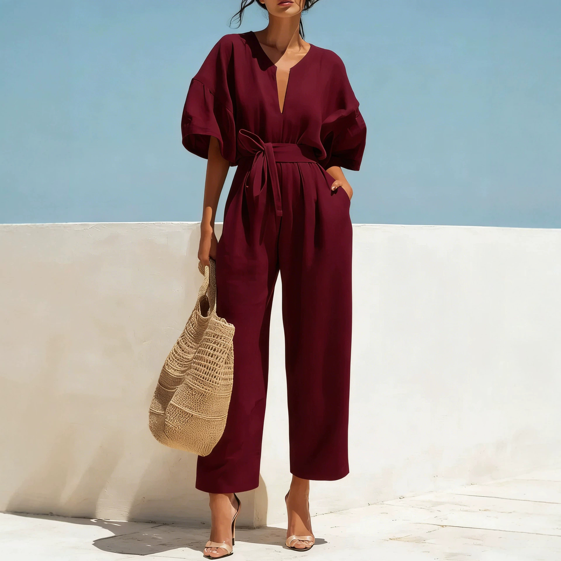Elegant V-Neck Solid Cotton-Blend Jumpsuit for Women