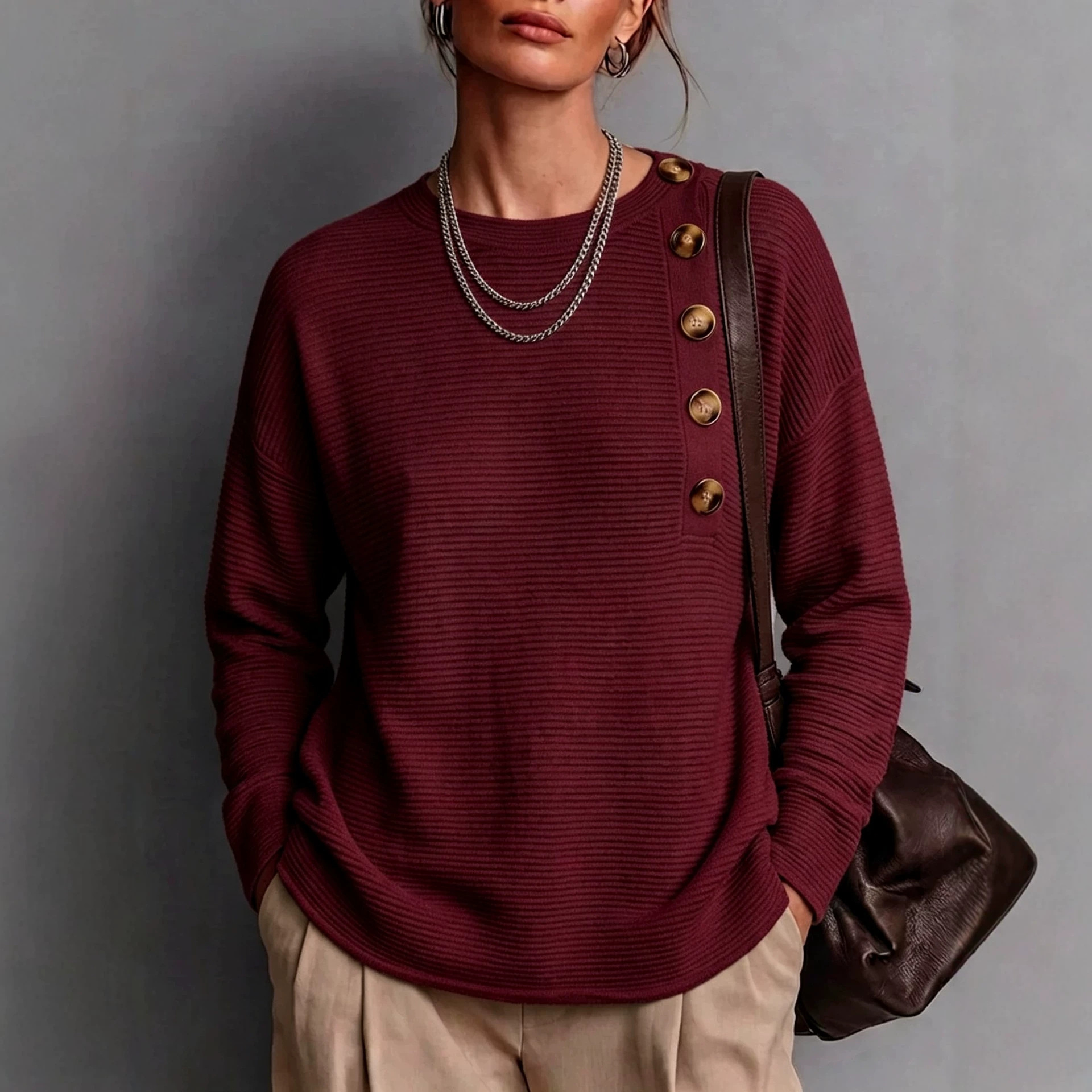 Women's Solid Button Knit Shirt Long Sleeve Crew Neck Loose Fit