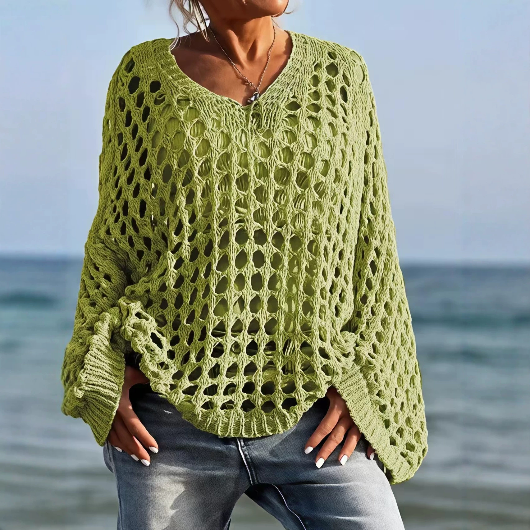 Women's Loose Open-Knit V-Neck Long-Sleeve Top