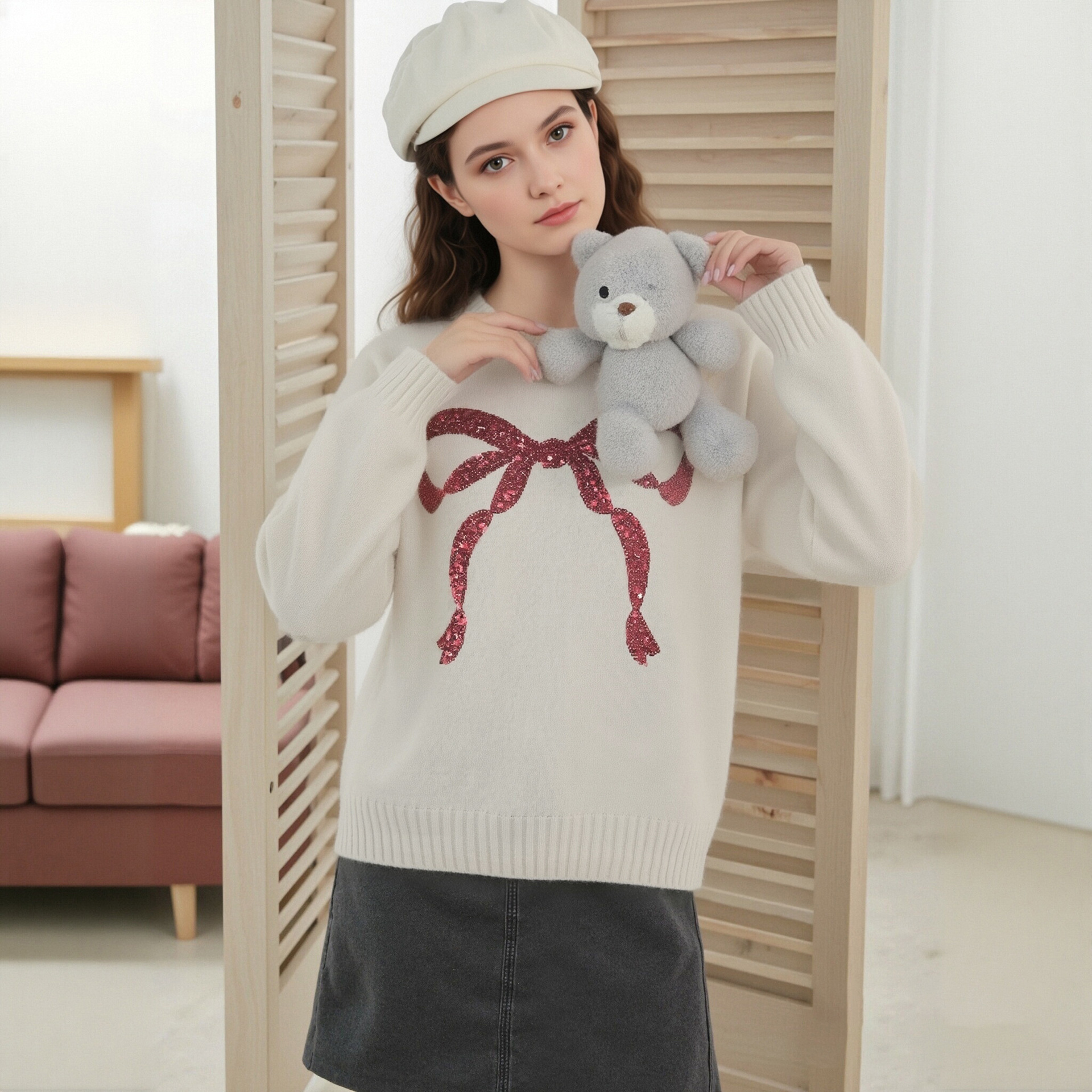White Crewneck Sequin Bow Embroidered Christmas Sweater