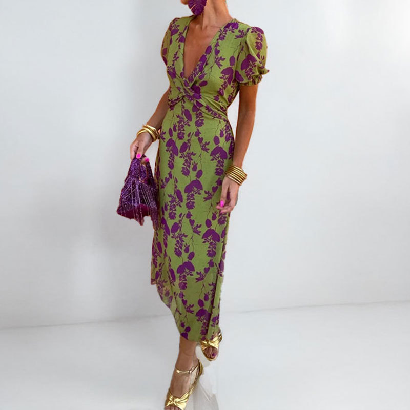Floral Print V-Neck Ruched Waist Slim Fit Midi Dress