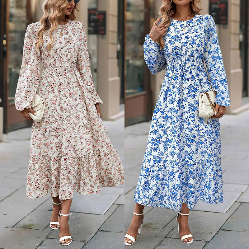 Women's Floral Print Round Neck Long Sleeve Ruffle Dress