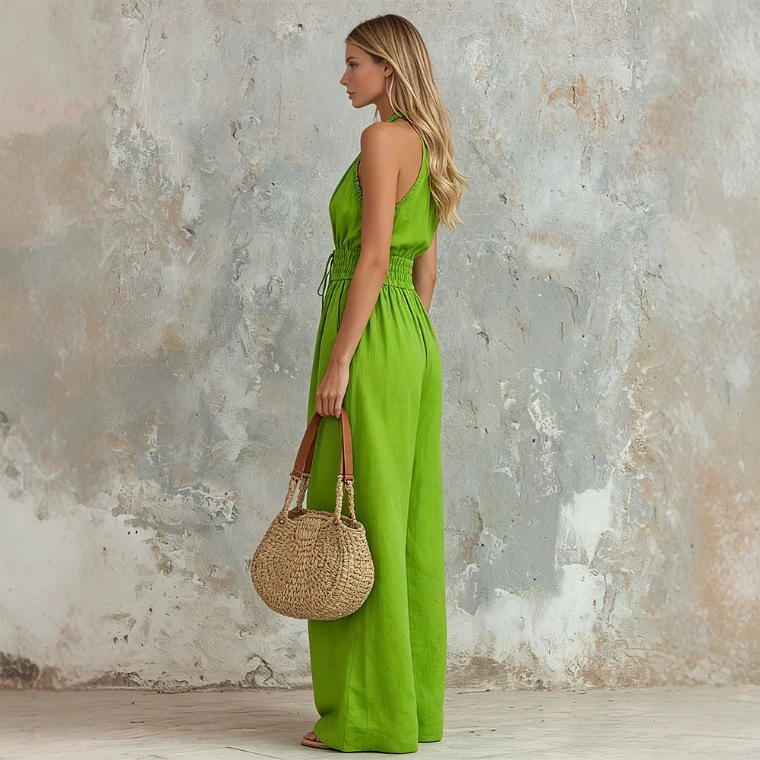 Retro Green Ruffle V-Neck Sleeveless Wide-Leg Jumpsuit