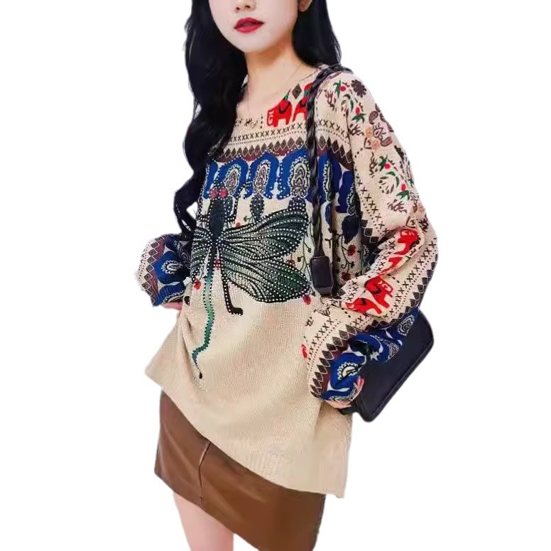 Women's Loose Knit Sweater with Rhinestone Sequin Dragonfly Print