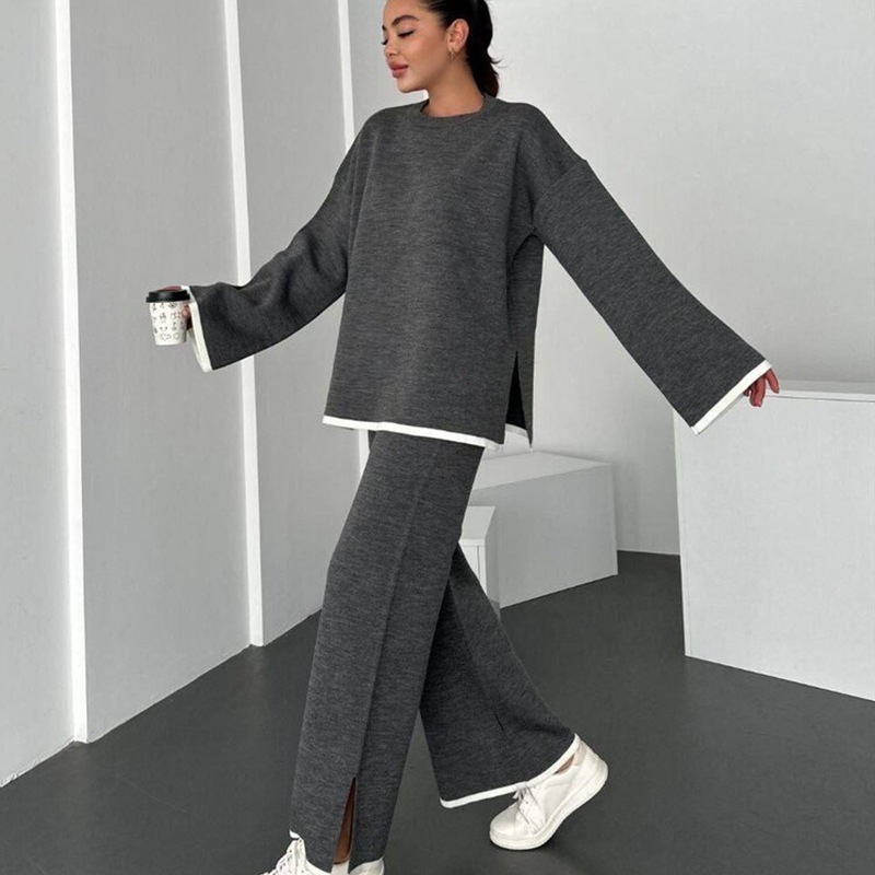 Women's Color-Block Long-Sleeve Split Top & Pants Two-Piece Set