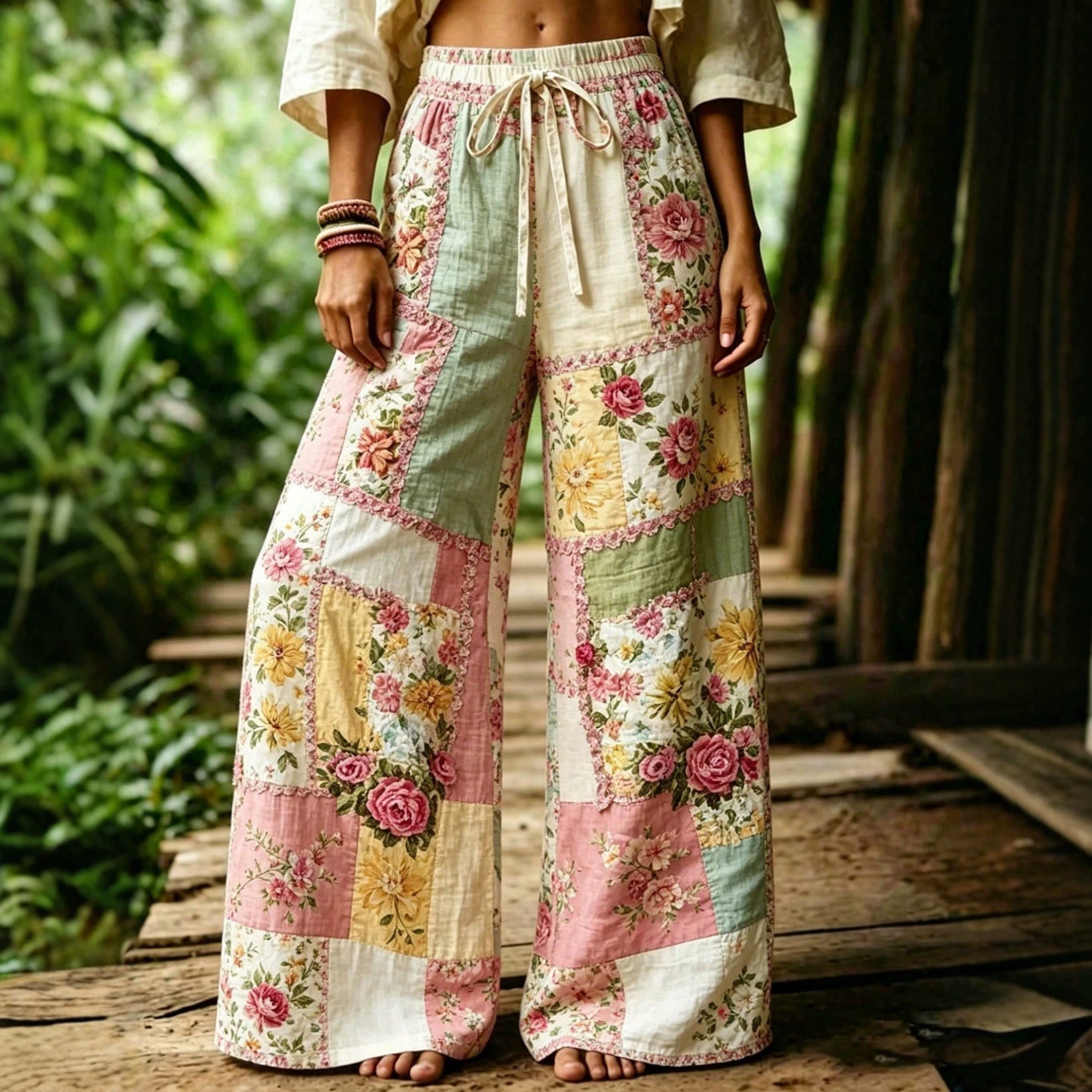 Bohemian Floral Print Wide-Leg Pants with Elastic Waist