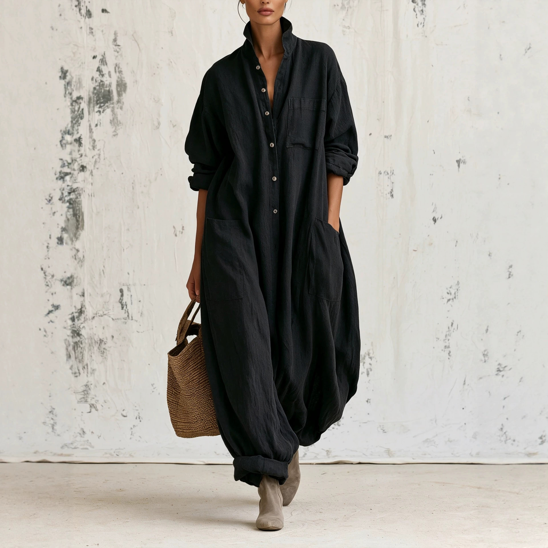 Linen Long Sleeve Jumpsuit with Stand Collar, Button Front, Cargo Pockets, Wide Leg