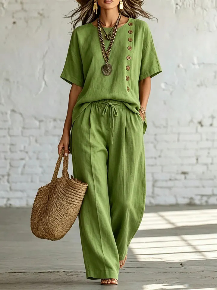 Women's Short Sleeve Side Button Loose Two-Piece Pant Set
