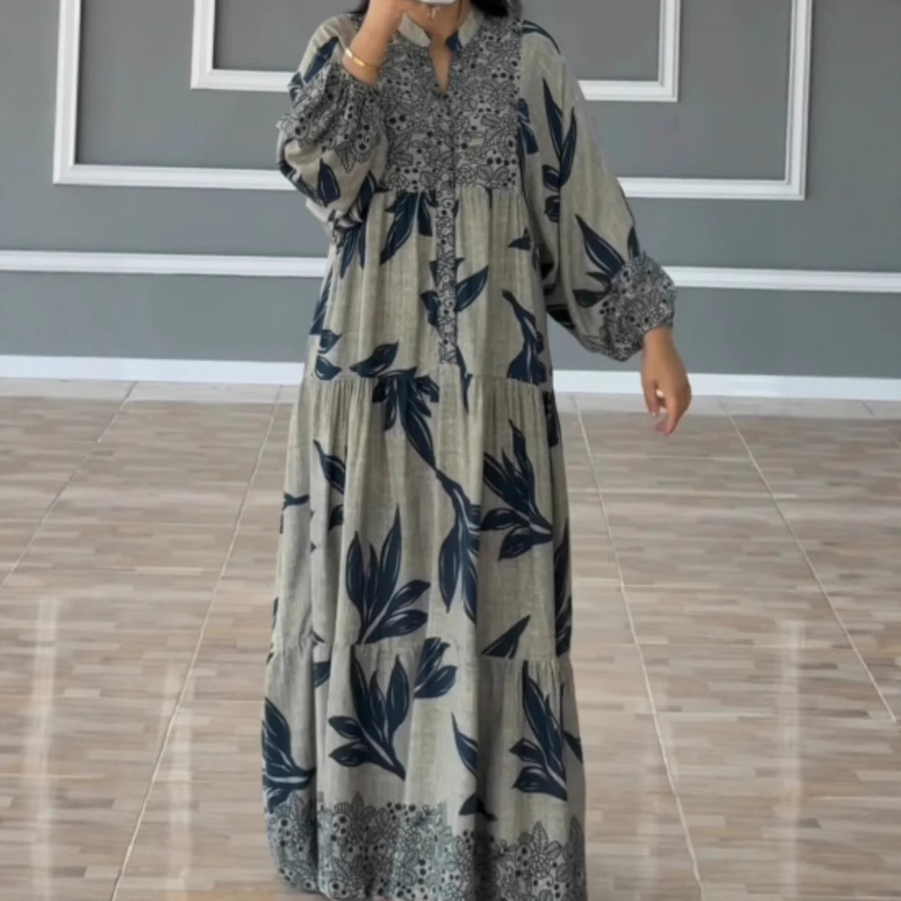 Digital Print Long Sleeve Shirt Collar Loose Vintage Long Dress