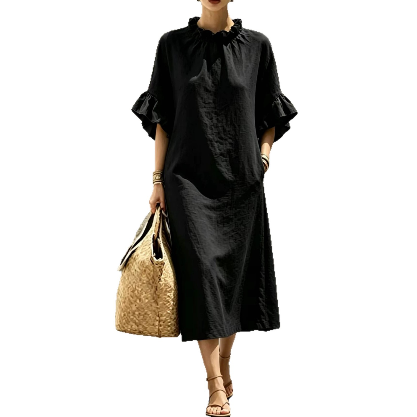 Ruffled Collar Petal Sleeve A-Line Midi Dress