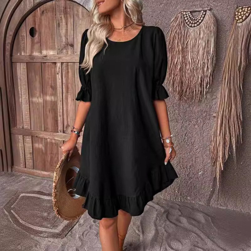 Women's Vintage Cotton-Linen Midi Dress with Short Sleeves, Round Neck, Solid Color, Loose Fit, Flared Hem