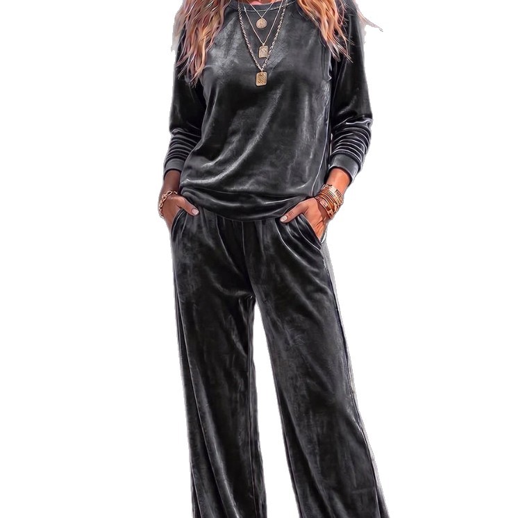 Women's Velvet Crewneck Long Sleeve Top and Pants Set
