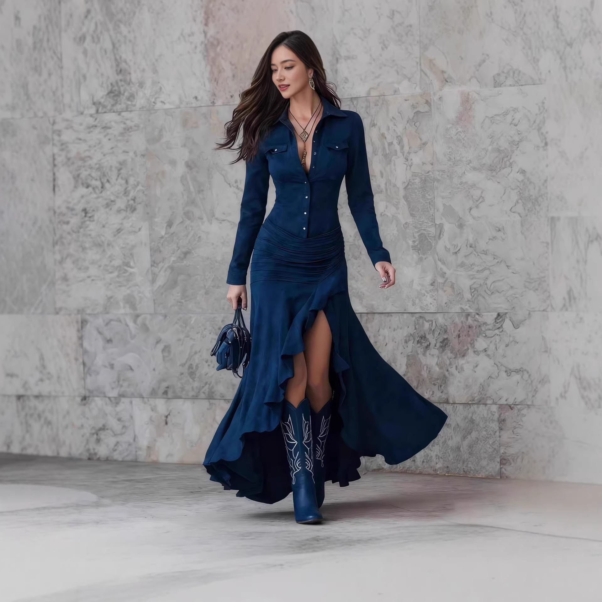 Suede Slim Fit Zip Stand Collar Slit Long Dress