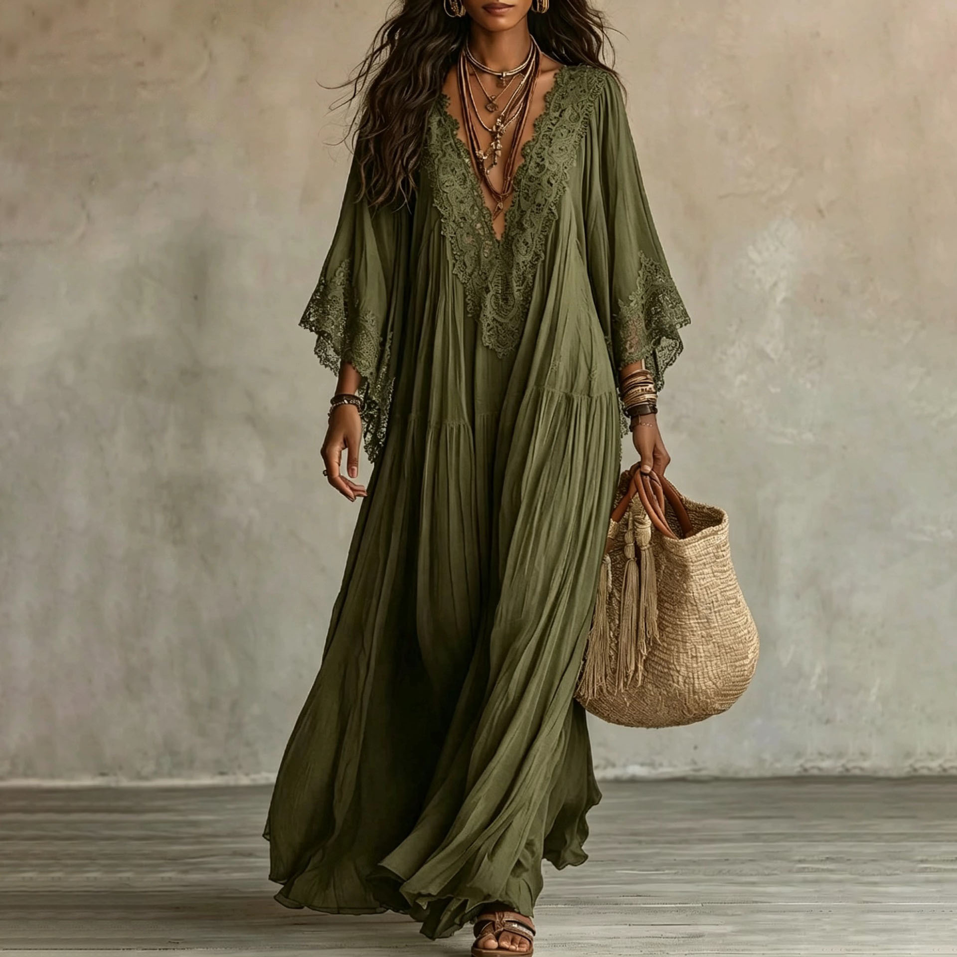 Lace V-Neck Batwing Sleeve Long Dress