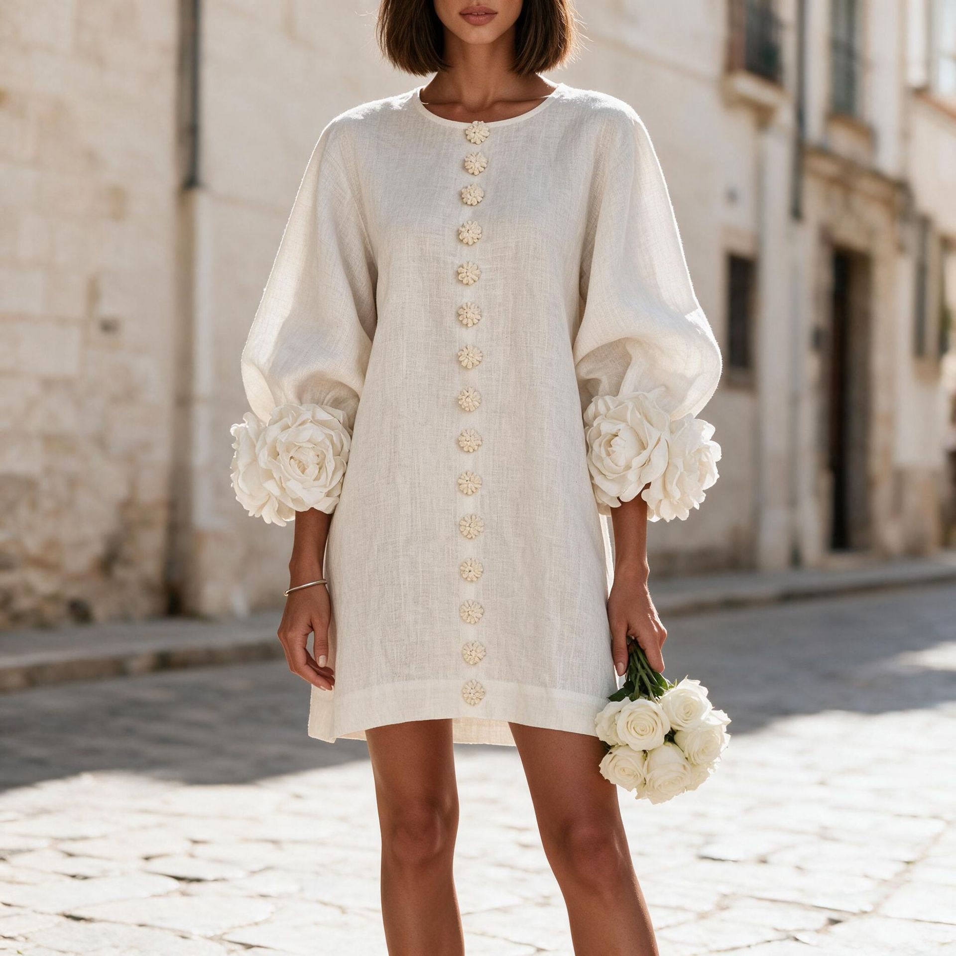 French 3D Floral Lantern Sleeve Dress