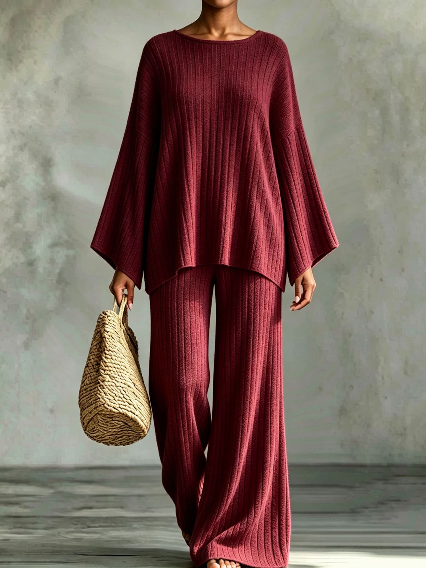 Women's Ribbed Brushed Long Sleeve Top and Pants Set Casual Loungewear