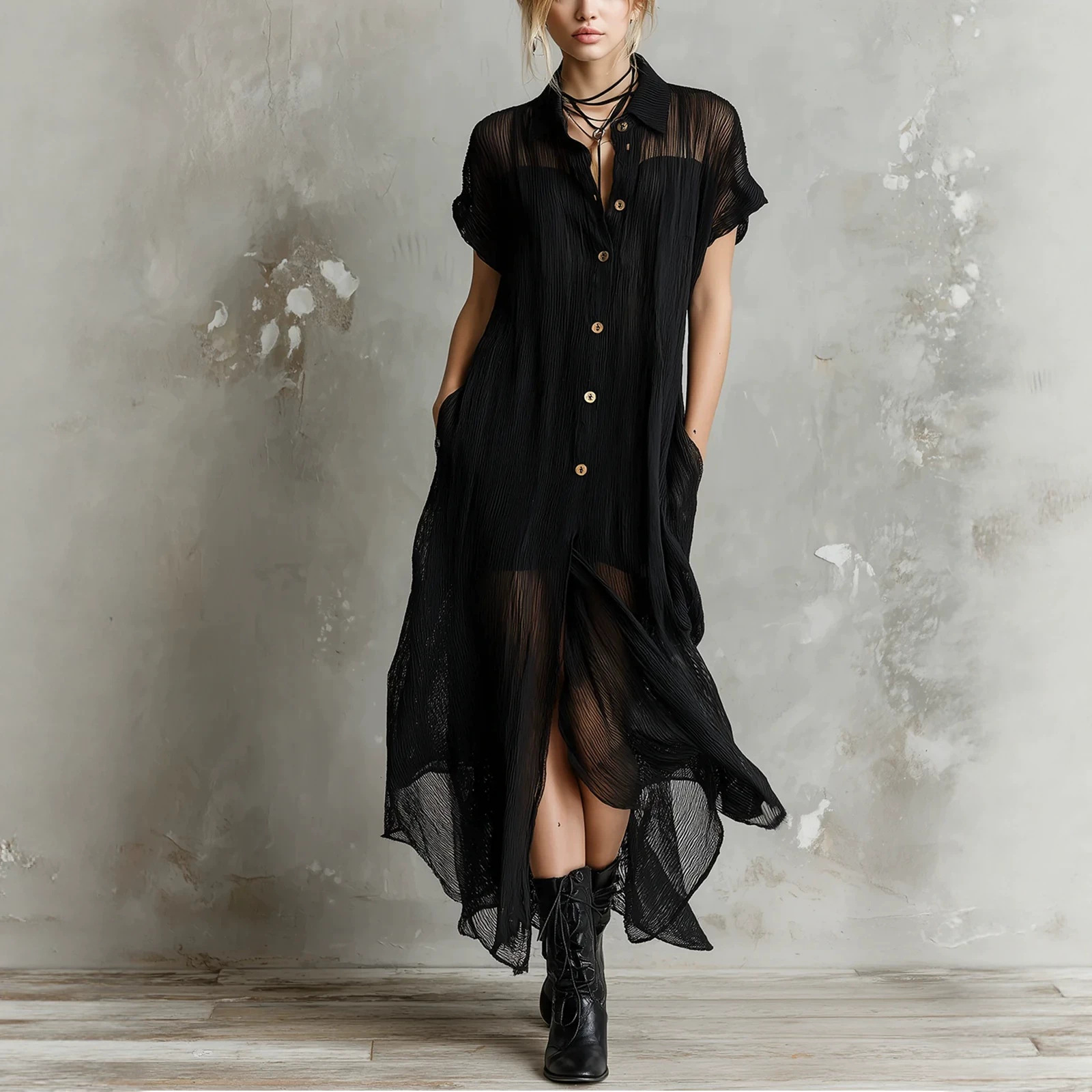 Sheer Plisse Collared Button-Front Short-Sleeve Long Shirt Dress with Asymmetric Hem and Slit