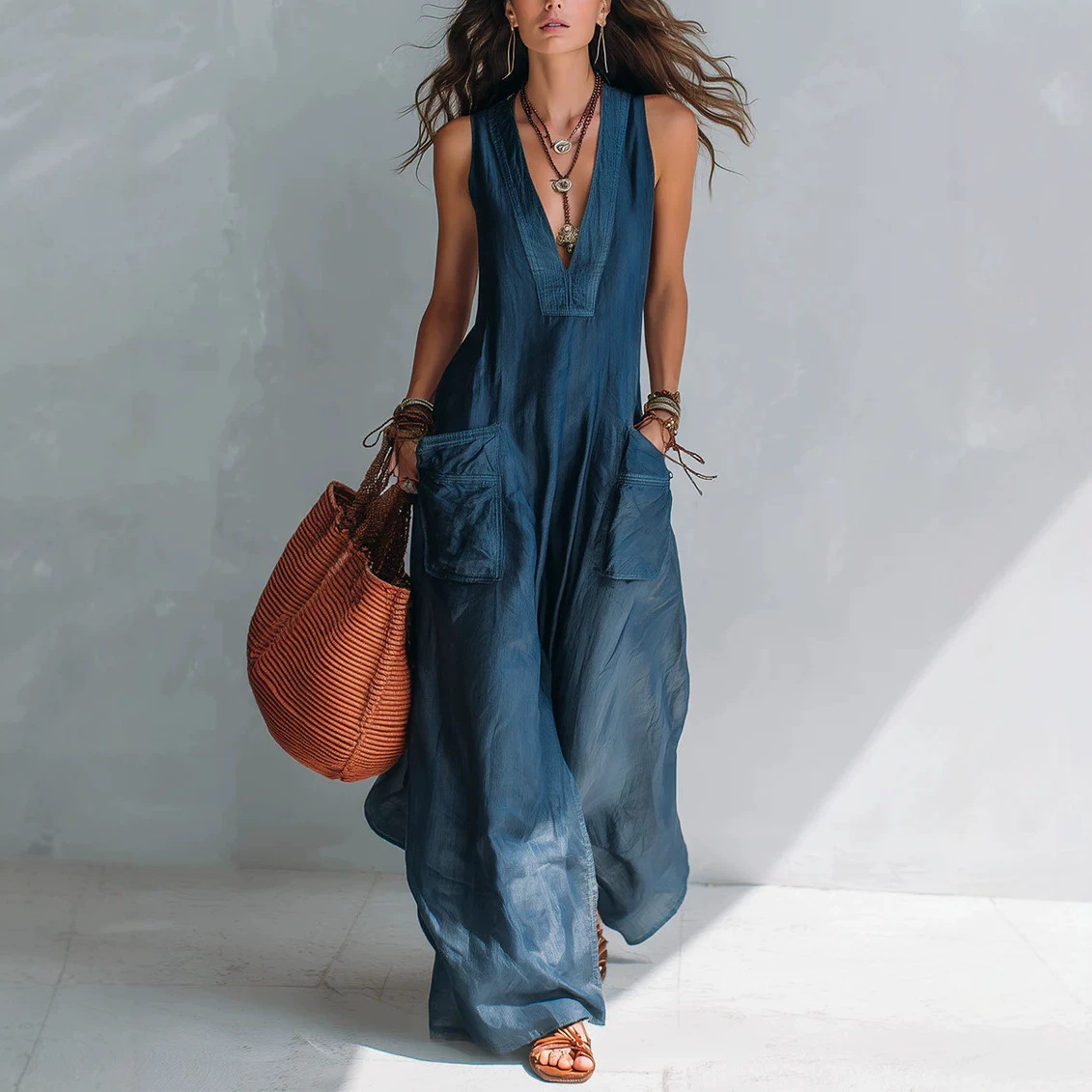 Sleeveless V-Neck Wide-Leg Jumpsuit with Pockets