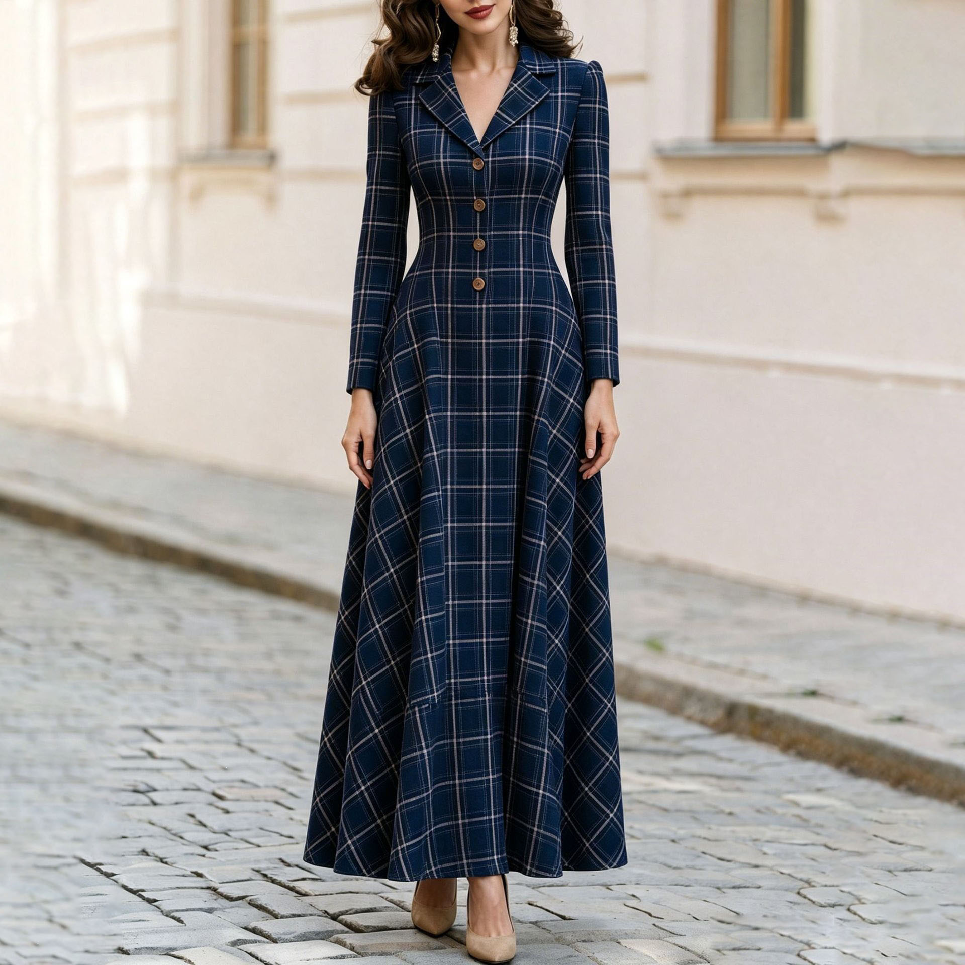 Elegant Solid Color Waist-Cinched Stand Collar Dress