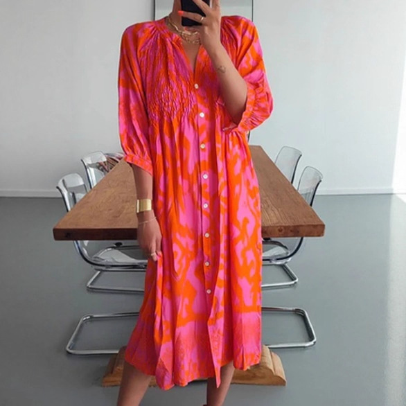 Digital Print Button V-Neck Loose Long Dress