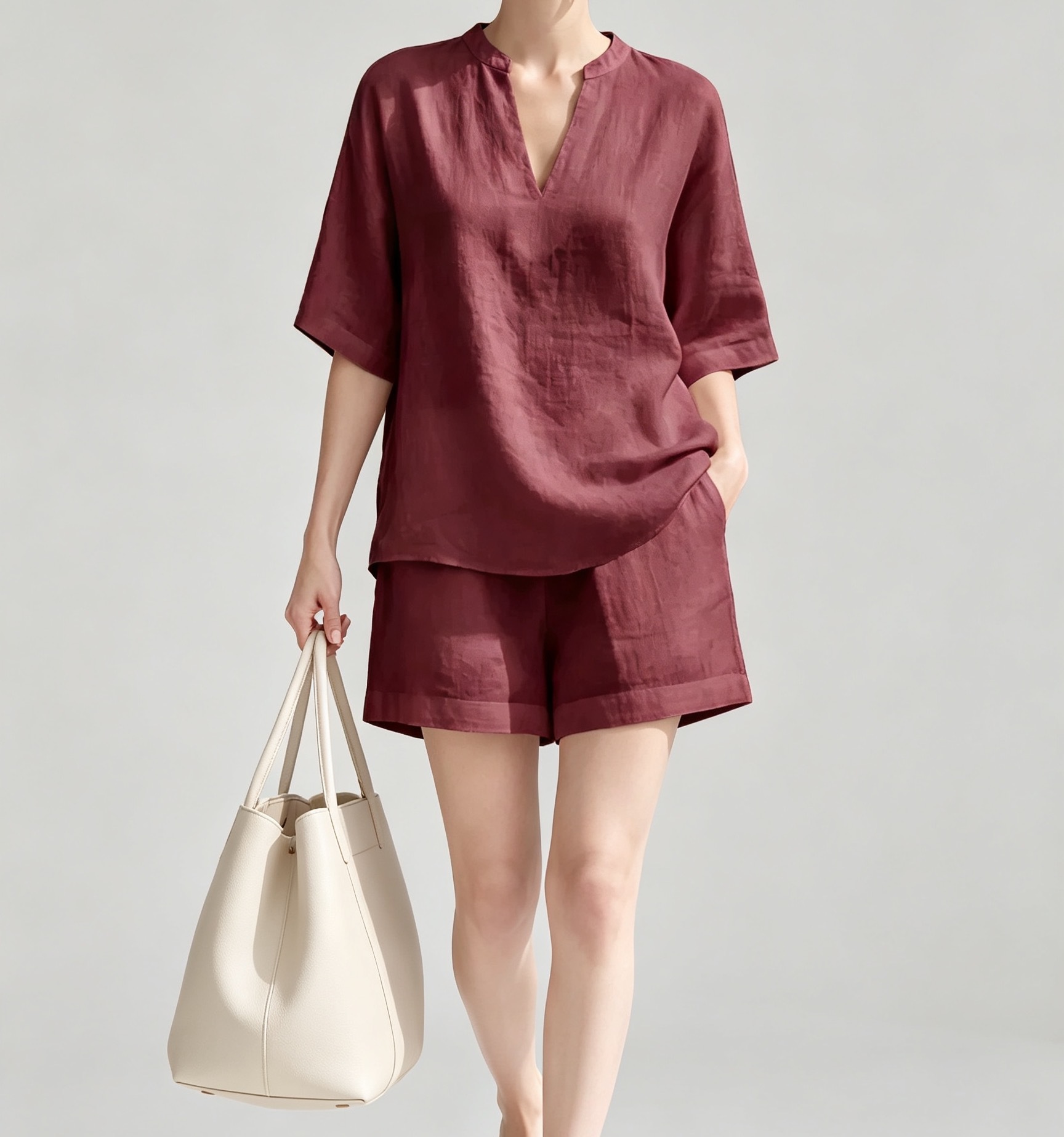 Solid V-Neck Linen-Blend Top and Shorts Two-Piece Set