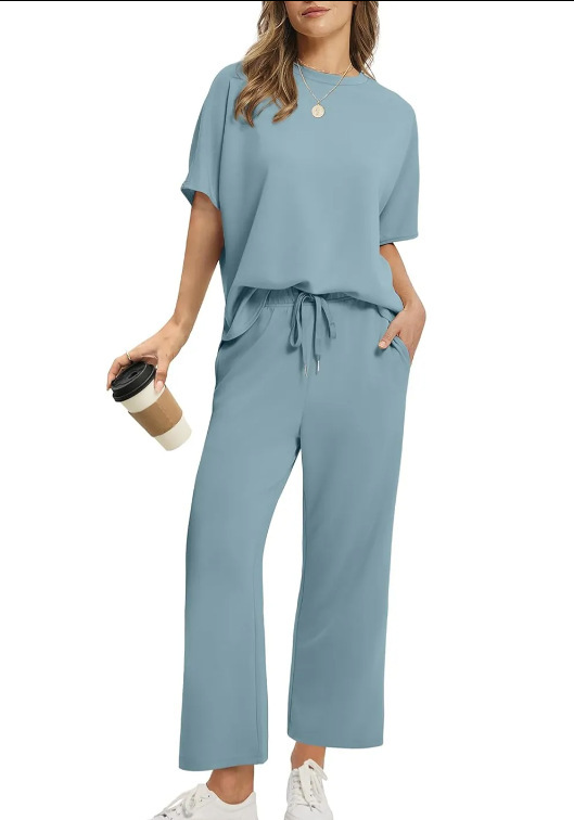 Women's Short Sleeve Top & Wide-Leg Cropped Pants Set