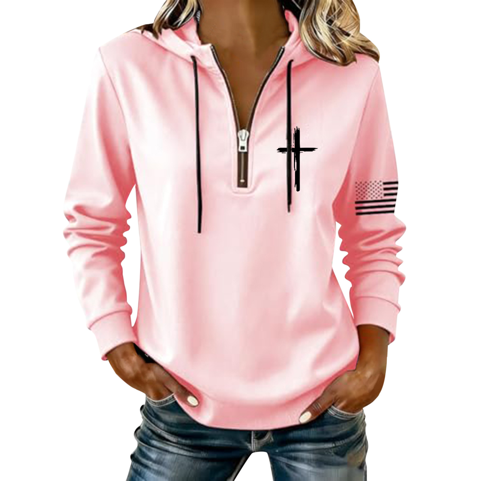 Women's Cross & American Flag Print Half-Zip Sweatshirt