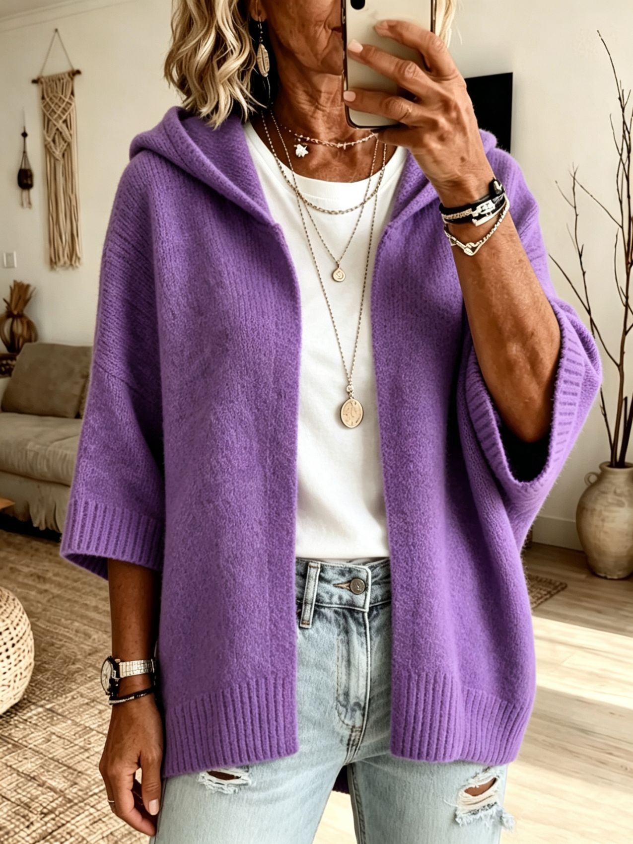 Women's 3/4 Sleeve Hooded Open-Front Knit Cardigan Solid Color Plus Size