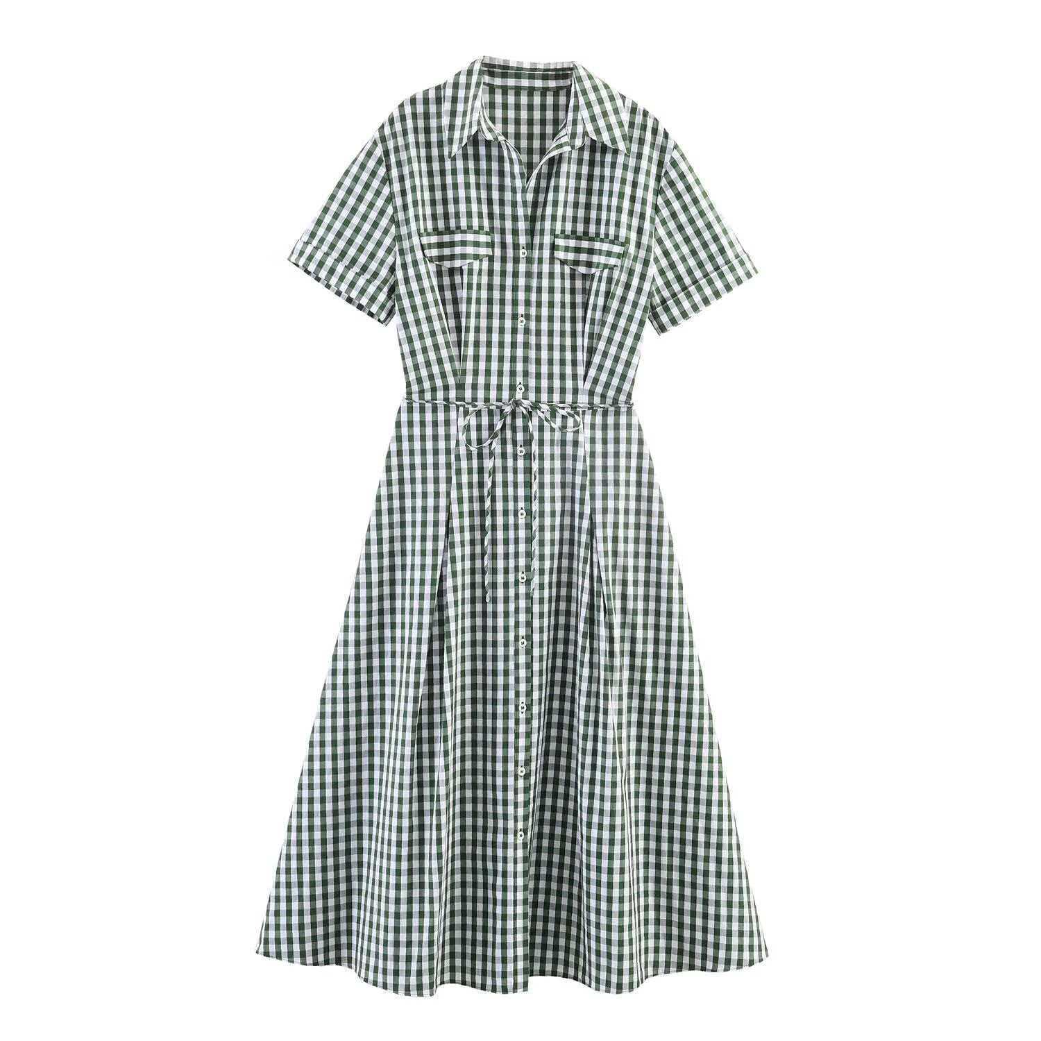 Plaid Shirt Dress Short Sleeve Slimming Midi