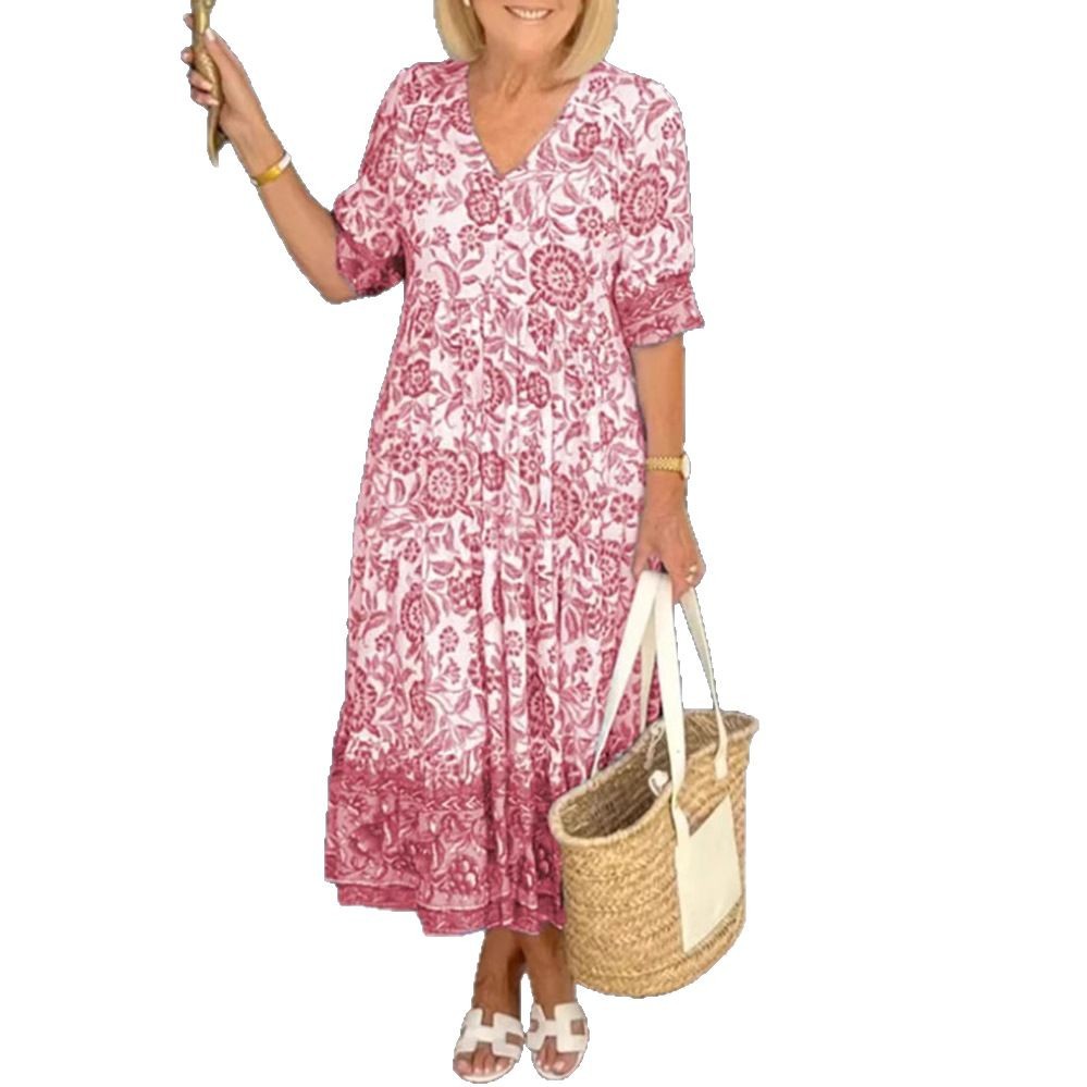 V-Neck Floral Print Long Dress