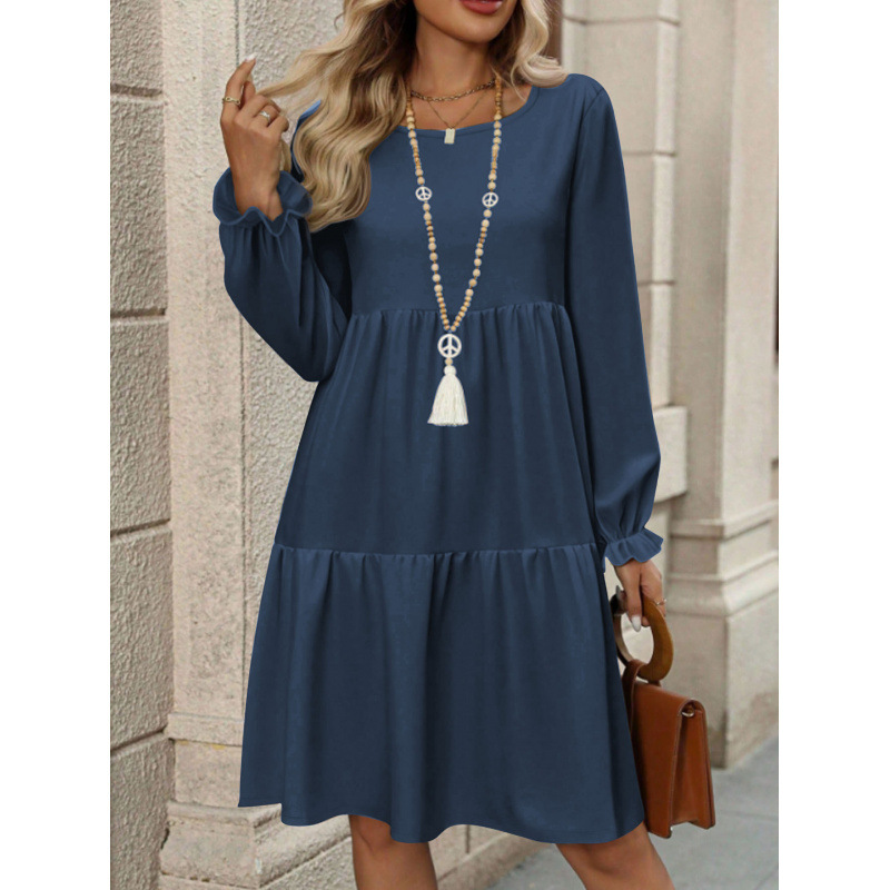 Puff Sleeve Tiered Midi Dress Round Neck Long Sleeve Solid Color