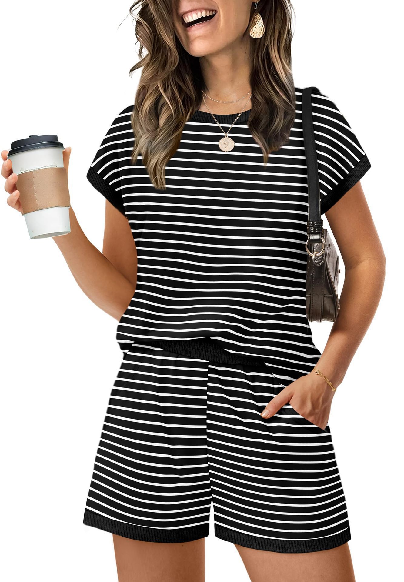 Women's Color-Block Striped Short-Sleeve Tee & Shorts Two-Piece Set