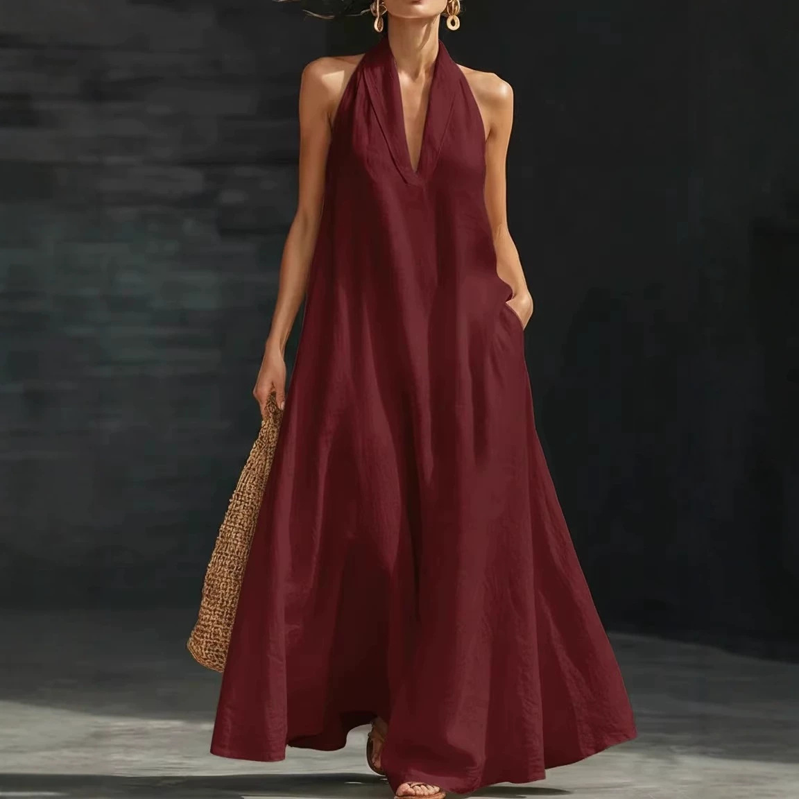 Women's Casual Solid V-Neck Long Dress Sleeveless Cotton Linen
