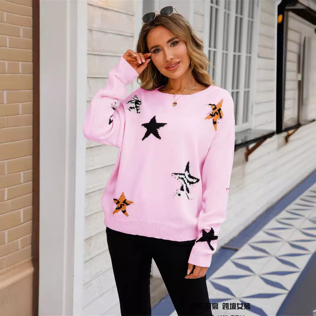 Women's Star Print Crewneck Long Sleeve Knit Sweater