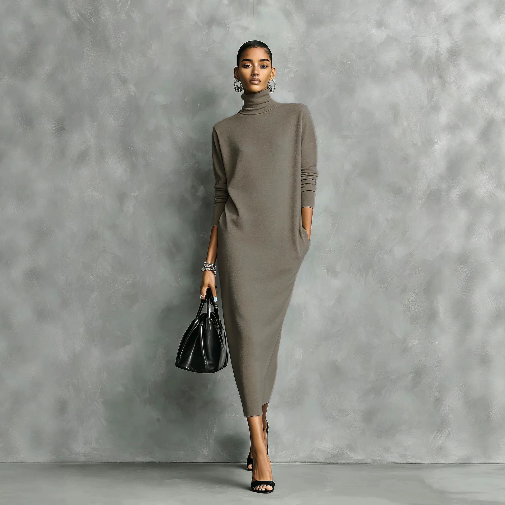 Women's High Neck Long Sleeve Loose Midi Dress