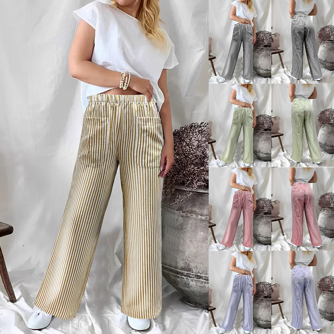 Women's Striped Wide-Leg Pants with Pockets Casual Loose Fit