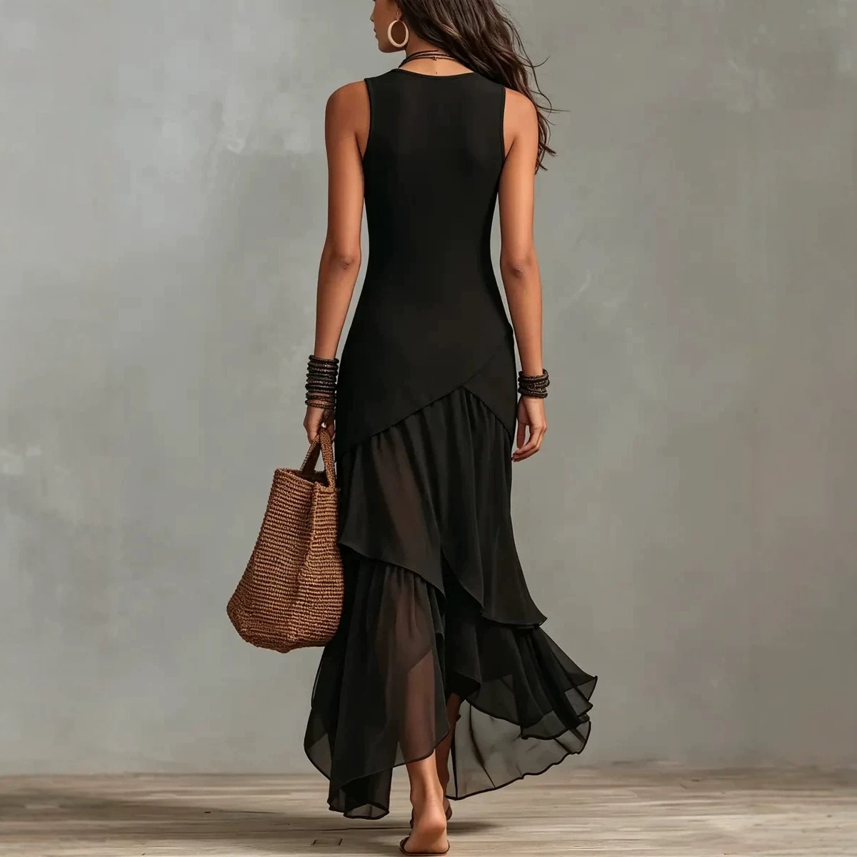 Black Sleeveless Round Neck Asymmetric Layered Chiffon Ruffle Maxi Dress