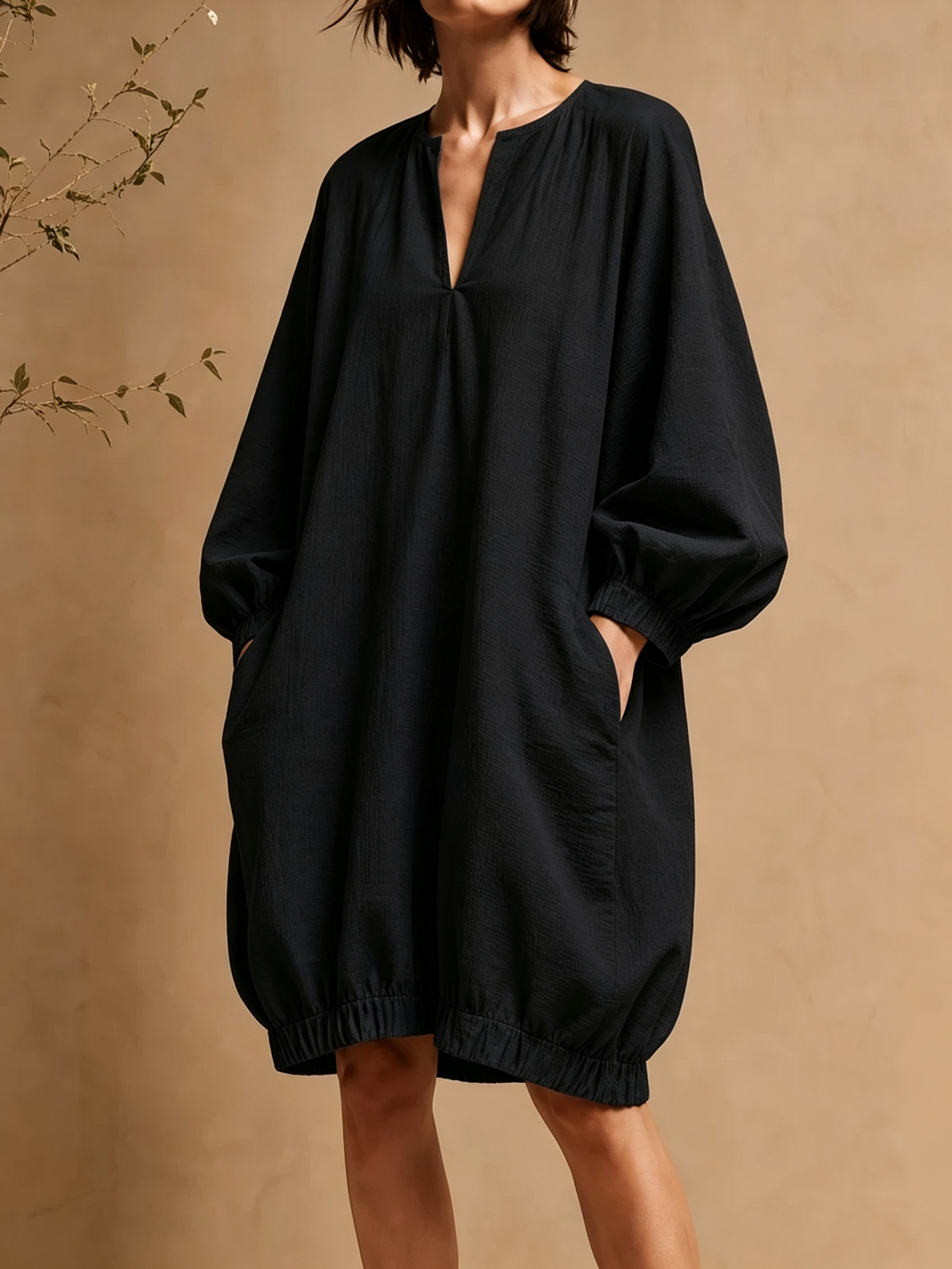 Women's V-Neck Loose Midi Dress with Lantern Sleeves
