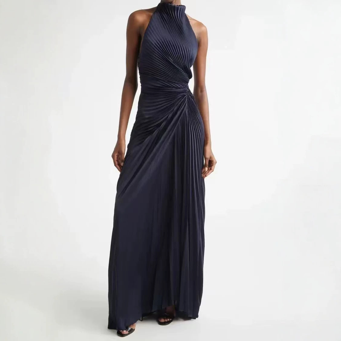 Navy Blue High-Neck Halter Pleated Long Dress with Twist-Front Waist