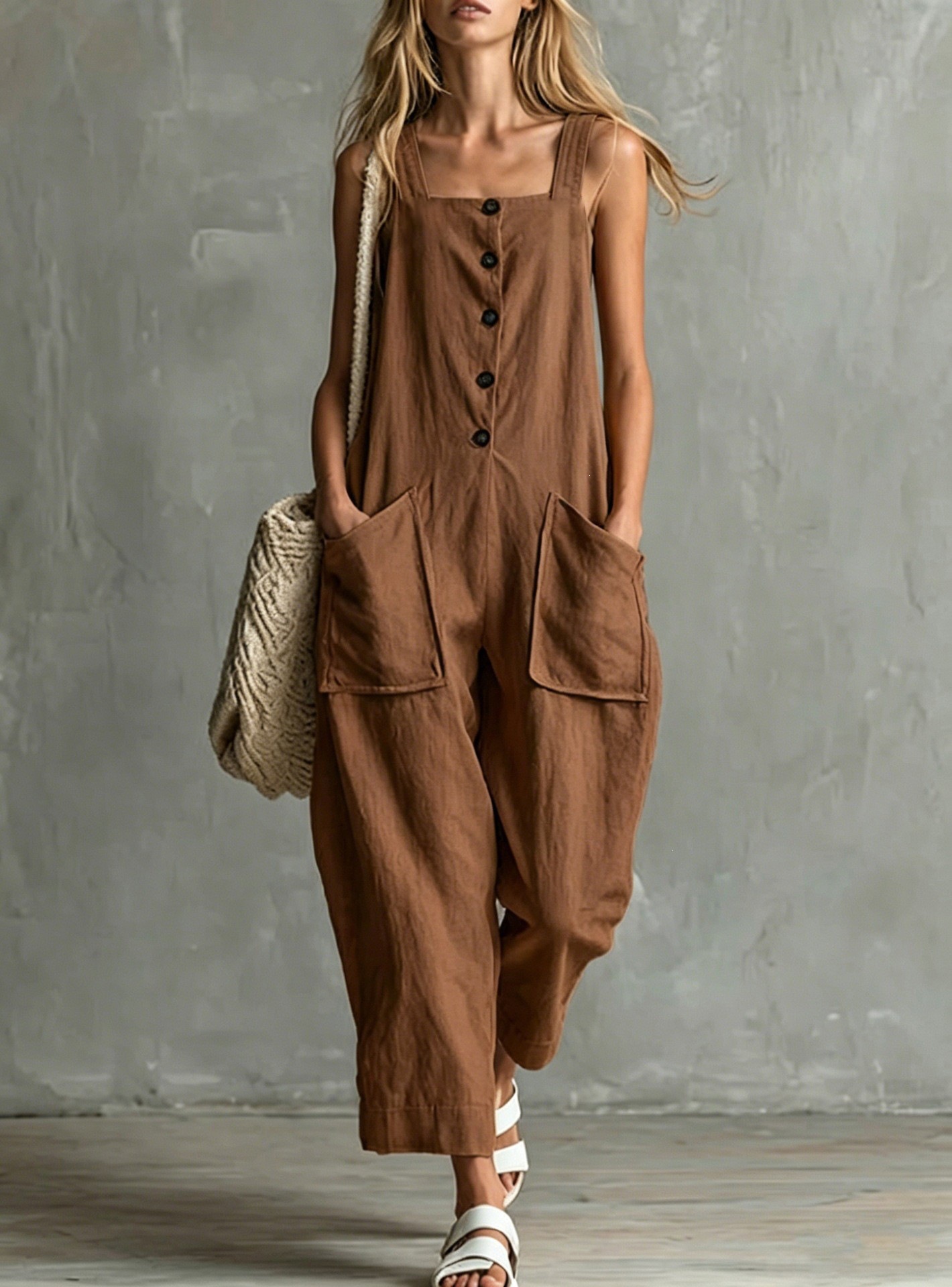 Women's Linen-Blend Wide-Leg Jumpsuit with Pockets