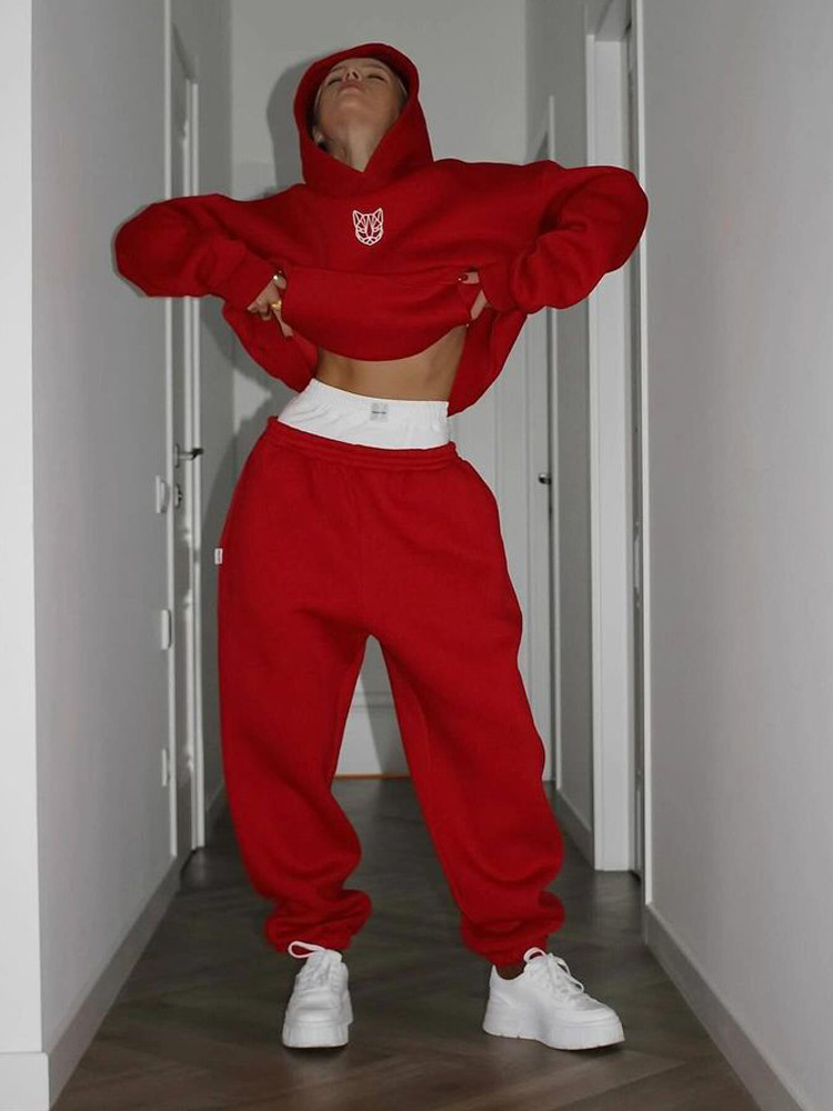 Women's Graphic Print Hoodie and Pants Set Loose Fleece-Lined Streetwear