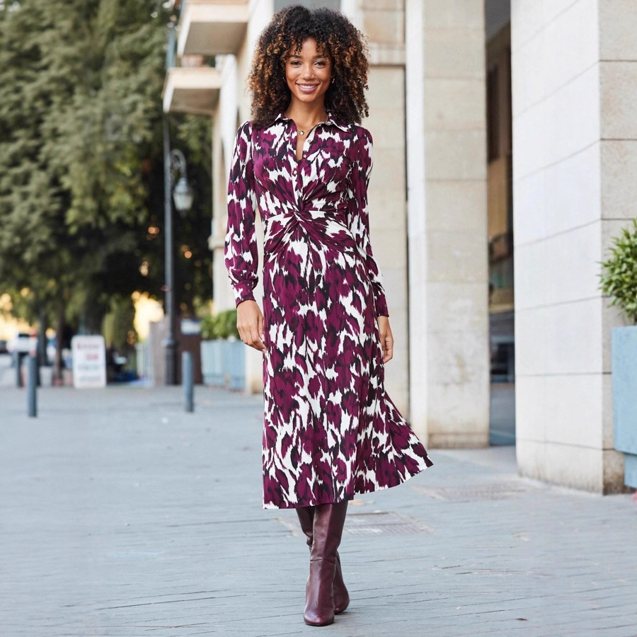 Women's Floral Print Button Twist Knot Slim Fit Long Sleeve Midi Dress