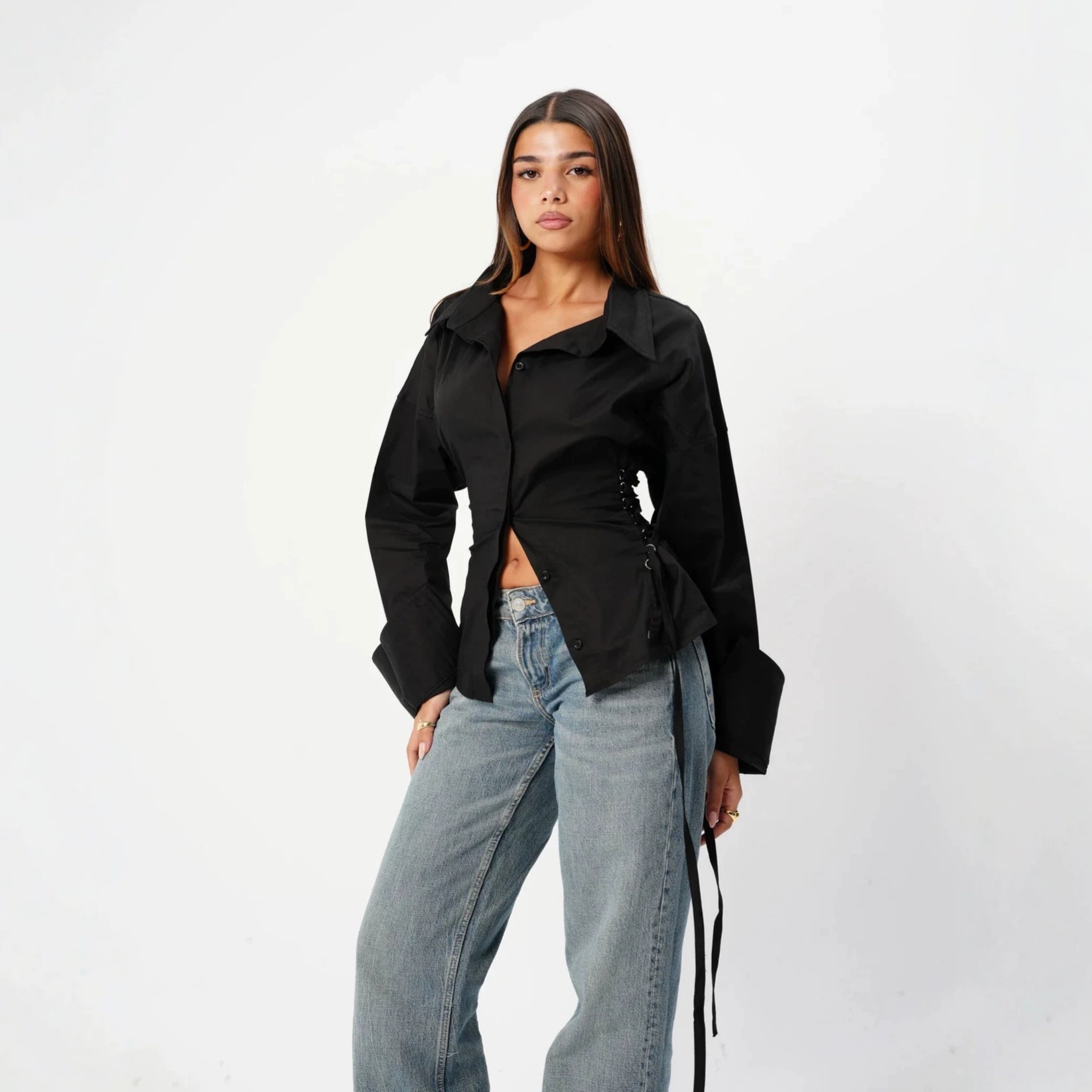 Women's Spring Summer Casual Button-Up Shirt with Side Waist Tie