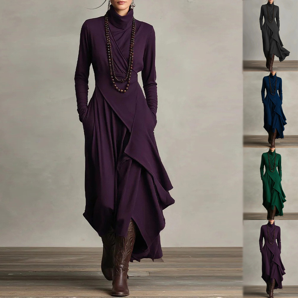 Women's Solid Long Sleeve High Neck Asymmetrical Dress