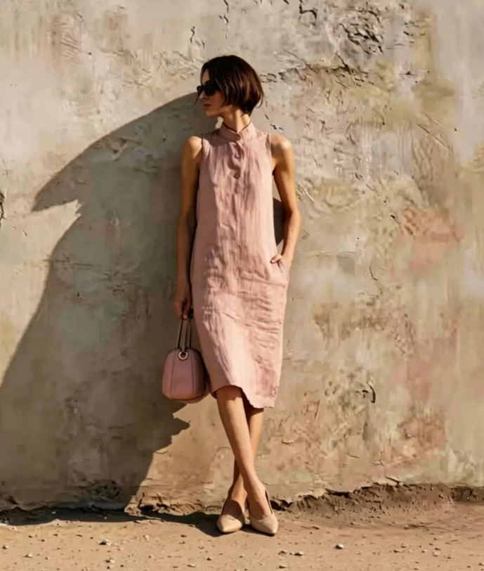 Sleeveless Linen Straight Dress Minimalist Textured Cotton-Linen Midi