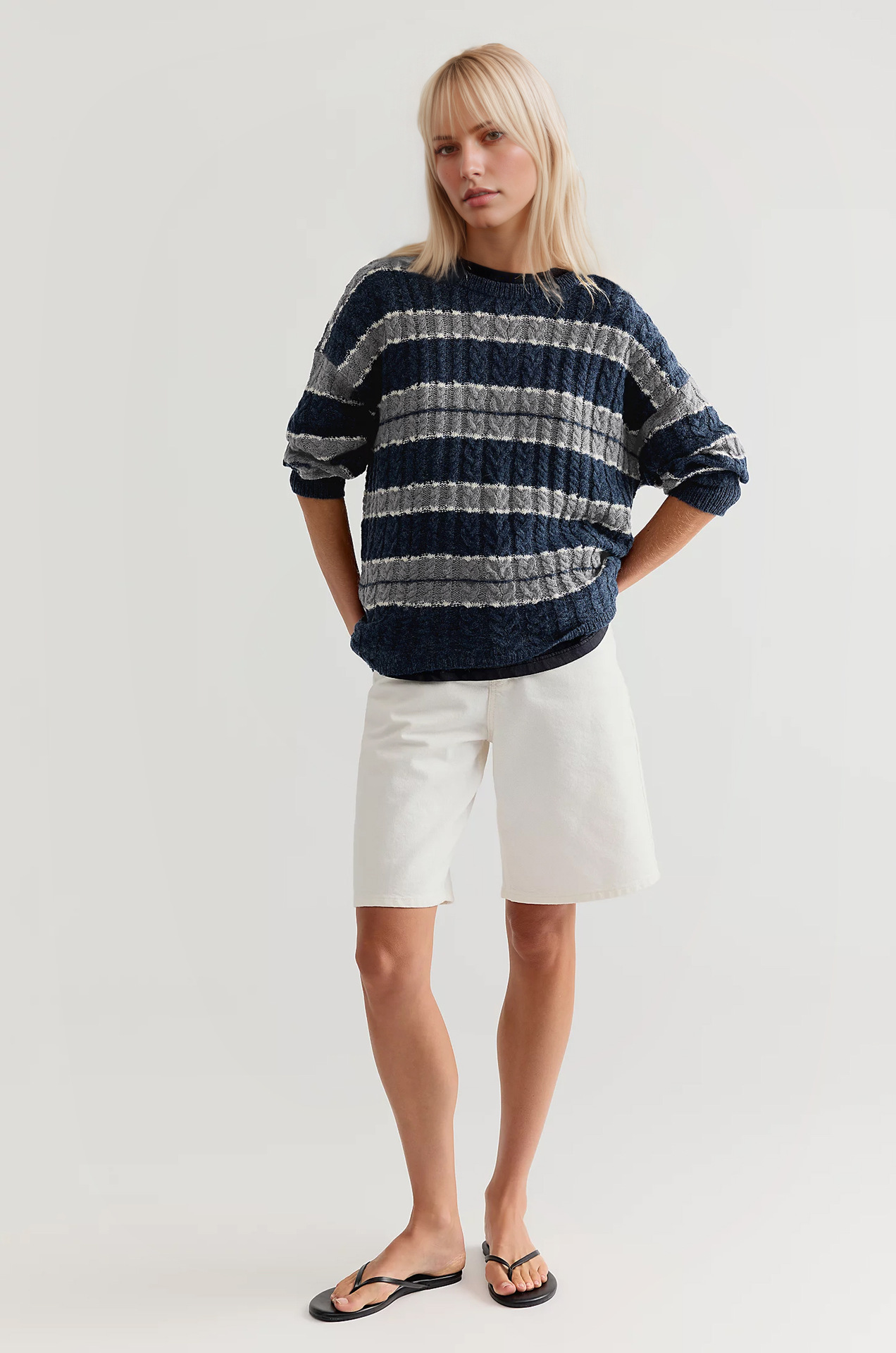 Striped Cable-Knit Pullover Sweater Women's Loose Fit Crew Neck