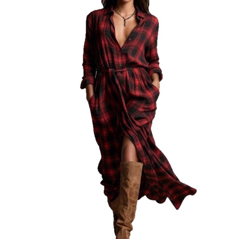 Women's Plus Size Midi Shirt Dress Loose Side Slit Plaid
